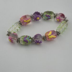 Colorful Glass Bead Stretch Bracelet Floral Butterfly Lampwork Style Beads